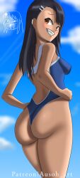 1girls ass ausoh black_hair blush breasts brown_eyes clothed clothing earrings female female_focus female_only hayase_nagatoro hi_res highres long_hair looking_at_viewer looking_back please_don't_bully_me,_nagatoro revealing_clothes sideboob simple_background small_breasts smile solo swimsuit tan tan-skinned_female tan_body tan_skin tanned tanned_female watermark