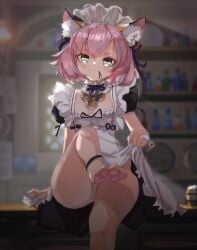 bob_cut cat_ears clothed diona_(genshin_impact) ear_fluff female female_focus female_only foot genshin_impact gong_cha green_eyes light-skinned_female light_skin looking_at_viewer maid maid_dress maid_headdress maid_outfit panties paw_pad pink_hair short_hair solo_female solo_focus tagme