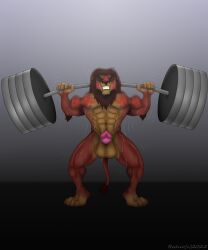 1boy 2022 abs anthro athletic balls bodily_fluids digital_media_(artwork) disney erection felid feline furry genitals hi_res kovu lifting lion male male_focus male_only mammal muscular nude pantherine pecs penis rahir shredded solo_anthro solo_male sweat the_lion_king vein weights