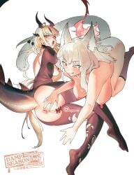 2girls animal_ear_fluff animal_ears anus arknights backless_outfit bar_censor blonde_hair bodystocking breasts breasts_out cat_ears cat_girl cat_tail censored crotchless dragon_horns dragon_tail female female_only flame-tipped_tail green_eyes green_hair grey_socks hand_on_another's_ass hanging_breasts harmonie_(arknights) highres horns kneeling large_breasts long_hair lying multiple_girls nude on_side pussy pussy_juice reed_(arknights) socks stine_r tail tail_ornament tail_ring tongue tongue_out white_background yuri