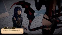 2girls 3d alternate_costume ass back backless_outfit bare_back bare_thighs big_ass blue_eyes blue_hair corruption cosplay elbow_gloves english_text exaltedbrand female female_only fingerless_gloves fire_emblem fire_emblem:_three_houses fire_emblem_awakening fire_emblem_fates gloves kronya_(fire_emblem)_(cosplay) long_hair lucina_(fire_emblem) mind_control multiple_girls nintendo outdoors red_hair revealing_clothes selena_(fire_emblem_fates) severa_(fire_emblem) symbol-shaped_pupils text thighhighs thighs tiara twintails very_long_hair yuri