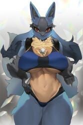 anthro anthrofied big_breasts breasts canine cleavage clothing female fur furry furry_only lucario nintendo pokémon_(species) pokemon pokemon_(species) red_eyes solo thick_thighs woobin94