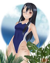 1girls black_hair breasts brown_eyes clothed clothing female female_focus female_only hayase_nagatoro hi_res highres jay156 long_hair looking_at_viewer navel please_don't_bully_me,_nagatoro revealing_clothes simple_background small_breasts smile solo swimsuit tan tan-skinned_female tan_body tan_skin tanned tanned_female watermark wink