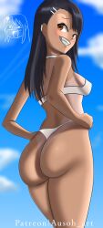 1girls ass ausoh bikini black_hair blush breasts brown_eyes clothed clothing earrings female female_focus female_only hayase_nagatoro hi_res highres long_hair looking_at_viewer looking_back please_don't_bully_me,_nagatoro revealing_clothes sideboob simple_background small_breasts smile solo tan tan-skinned_female tan_body tan_skin tanline tanned tanned_female watermark