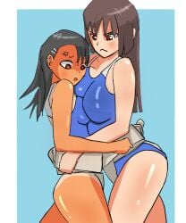 2girls angry bbb_(artist) big_breasts black_hair breasts brown_eyes catfight clothed clothing curvy earrings female female_focus female_only fight hayase_nagatoro hi_res highres jealous long_hair mawashi multiple_girls open_mouth please_don't_bully_me,_nagatoro president_(nagatoro) purple_hair red_eyes revealing_clothes sana_sunomiya simple_background small_breasts sumo tan tan-skinned_female tan_body tan_skin tanline tanned tanned_female wide_hips