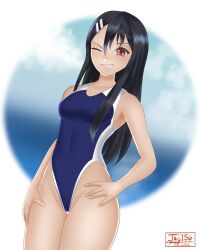 1girls black_hair breasts brown_eyes clothed clothing female female_focus female_only hayase_nagatoro hi_res highres jay156 long_hair looking_at_viewer navel please_don't_bully_me,_nagatoro revealing_clothes simple_background small_breasts smile solo swimsuit tan tan-skinned_female tan_body tan_skin tanned tanned_female watermark wink