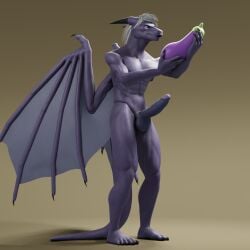 3d_(artwork) abs anthro balls blender_(software) digital_media_(artwork) dragon eggplant erection f-euphrates food fruit genitals hair hi_res holding_object horn humanoid_genitalia humanoid_penis kedran male nipples nude open_mouth penis plant scalie simple_background solo