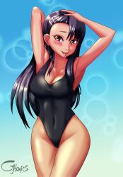 1girls black_hair blush breasts brown_eyes cjhomics cleavage clothed clothing earrings female female_focus female_only hayase_nagatoro hi_res highres long_hair navel please_don't_bully_me,_nagatoro revealing_clothes simple_background small_breasts solo swimsuit tan tan-skinned_female tan_body tan_skin tanned tanned_female tongue_out watermark