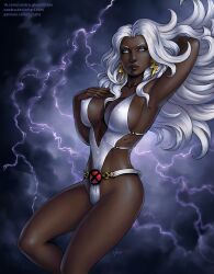 2019 blue_eyes breasts candra cleavage clothing crescent_earrings dark-skinned_female dark_skin erect_nipples female female_only flying large_breasts long_hair looking_at_viewer marvel marvel_comics nipples ororo_munroe pinup solo storm_(x-men) straight_hair superheroine swimsuit thighs white_hair white_swimsuit x-men