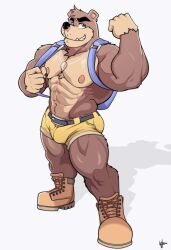 anthro backpack balls banjo-kazooie banjo_(banjo-kazooie) boots brown_fur bulge furry male male_only muscles muscular penis rareware shark_tooth_necklace shorts solo solo_male ursid wolfybuns