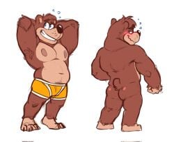 anthro armpit_hair armpits ass back_view balls banjo-kazooie banjo_(banjo-kazooie) blush brown_fur deliverymutt front_view furry hands_behind_head male male_only multiple_views muscles muscular nude penis rareware slightly_chubby solo solo_male underwear ursid