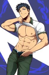 1boy camp_buddy gay kuroshinki looking_at_viewer male male_only muscular muscular_male naoto_hamasaki older_brother open_clothes open_shirt shirt_lift smirk solo stripping underwear