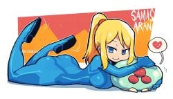 2021 alternate_version_at_source alternate_version_available blonde_hair blue_eyes bodysuit crap-man heart looking_at_viewer lying_on_breasts lying_on_ground lying_on_stomach metroid metroid_(creature) nintendo ponytail safe_for_work samus_aran sfw smile smiling smiling_at_viewer speech_bubble zero_suit_samus