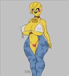 1girls 2022 animatronic anthro avian beakless bikini bird black_sclera blush breasts cameltoe chicken cow_print cowbell digital_media_(artwork) eyelashes female fingers five_nights_at_freddy's five_nights_at_freddy's_2 forgo galliform gallus_(genus) huge_breasts ineffective_clothing lactation lactation_through_clothes machine navel phasianid robot scottgames slightly_chubby solo thick_thighs toy_chica_(fnaf) video_games white_eyes yellow_body