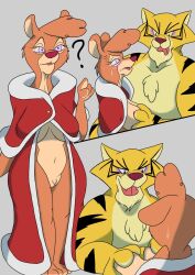 2_panel_comic absurd_res big_breasts blush breast_grab breasts clothing dagnino duo el_arca felid feline female furry genitals grope hair hand_on_breast hi_res huge_breasts lion lion_ears lion_girl lion_granny lion_humanoid lion_tail lioness male male/female mammal mature_female milf open_mouth pantherine pussy queen_oriana royalty tiger tiger_boy tiger_ears tiger_humanoid tiger_print