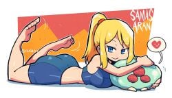 2021 alternate_version_at_source alternate_version_available blonde_hair blue_eyes casual_outfit_(metroid) crap-man gym_clothes heart looking_at_viewer lying_on_breasts lying_on_stomach metroid metroid_(creature) ponytail samus_aran smile smiling smiling_at_viewer speech_bubble
