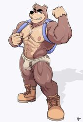 anthro backpack balls banjo-kazooie banjo_(banjo-kazooie) boots briefs brown_fur bulge furry male male_only muscles muscular penis rareware ripped_clothing ripping_clothing ripping_undies shark_tooth_necklace solo solo_male tighty_whities underwear ursid white_briefs white_underwear wolfybuns