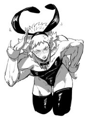 bara bent_over blush bowtie bunny_boy bunny_ears bunny_tail bunnysuit crossdressing detached_collar embarrassed fake_animal_ears hand_on_hip kengan_(series) kengan_ashura leaning_forward looking_at_viewer male male_only muscular muscular_male pixiv_id_10482186 rihito solo sweatdrop thighhighs wrist_cuffs