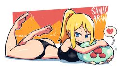 black_bikini blonde_hair blue_eyes crap-man female gym_clothes heart looking_at_viewer lying_on_breasts lying_on_stomach metroid metroid_(creature) ponytail rariatto_(ganguri) safe_for_work samus_aran sfw smile smiling smiling_at_viewer speech_bubble sports_bikini super_metroid