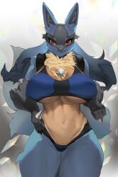 1girls anthro big_breasts black_body black_fur blue_body blue_bra blue_clothing blue_fur blue_panties blue_underwear bra breasts canid canine chest_spike clothed clothing colored_edge_bra female female_only fluffy fluffy_tail fur generation_4_pokemon hi_res looking_at_viewer lucario mammal navel neck_tuft nintendo panties pokémon_(species) pokemon pokemon_(species) red_eyes smiling smiling_at_viewer solo spikes spikes_(anatomy) sports_bra sportswear thick_thighs tuft underwear video_games wide_hips woobin94 yellow_body yellow_fur