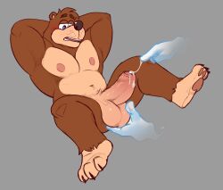 anthro balls banjo-kazooie banjo_(banjo-kazooie) boner brown_fur deliverymutt erection fondling_balls furry ghost_hands hands_behind_head male male_only muscles muscular nude penis precum precum_string rareware slightly_chubby solo solo_male spread_legs ursid