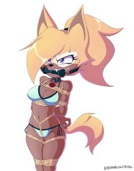 2020 angry anthro arms_tied bikini biped bit_gag blonde_hair bondage boundlightning brown_body canid canine canis collar female hi_res idw_comics idw_publishing mobian_(species) navel ponytail restraints rope_bondage saliva sega simple_background sonic_(series) sonic_the_hedgehog_(comics) sonic_the_hedgehog_(idw) sonic_the_hedgehog_(series) swimsuit whisper_the_wolf white_background wolf