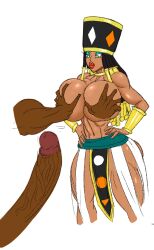 1boy 1girls 2019 ass black_hair breast_grab breasts clothing dark-skinned_female dark-skinned_male dark_skin dragon_ball dragon_ball_super god_of_destruction goddess goddess_of_destruction green_eyes hair_on_head hat helles huge_cock imminent_sex long_hair mole mole_under_eye muscular muscular_male penis red_lipstick straight sun1sol veiny_penis white_background