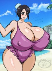 1girls alternate_breast_size bangs bare_shoulders beach big_breasts black_hair bleach blurry_background blush breasts cleavage clenched_teeth clothing cloud collarbone curvy dialogue erect_nipples erect_nipples_under_clothes eyelashes female female_focus female_only frilled_swimsuit frills gigantic_breasts grey_eyes hair_bun heart highres hinamori_momo hips huge_breasts human kon large_breasts lips looking_at_viewer momiji_(artist) nipple_bulge nipples nipples_visible_through_clothing ocean one-piece_swimsuit outside parted_lips pinup plant revealing_clothes sand shiny_skin sideboob skimpy skindentation smile solo solo_female swimsuit teeth text thick_thighs thighs tied_hair venus_body voluptuous water wide_hips