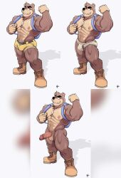 anthro backpack balls banjo-kazooie banjo_(banjo-kazooie) boner boots brown_fur bulge erection furry male male_only multiple_images muscles muscular penis rareware ripped_clothing shark_tooth_necklace shorts solo solo_male underwear ursid wolfybuns