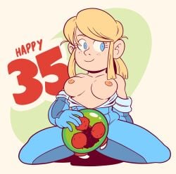 1girls between_legs blonde_hair blue_bodysuit blue_eyes bonerbob breasts breasts_out medium_breasts metroid metroid_(creature) nipples open_bodysuit ponytail samus_aran toony topless unzipped unzipped_bodysuit unzipped_zero_suit zero_suit zero_suit_samus