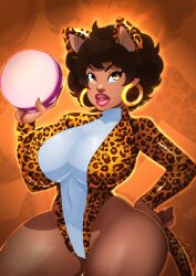 1girls african african_female bodysuit cartoon_network cat_ears cat_suit cat_tail dark-skinned_female earrings female fluffy_hair hand_on_hip hanna-barbera hoop_earrings josie_and_the_pussycats ladycandy2011 leopard_print leotard plump_lips short_hair skin_tight tambourine thick_thighs valerie_brown