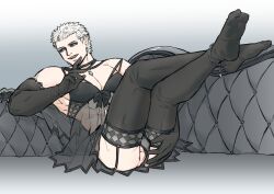 anklet babulon balls_in_panties black_eyes black_gloves black_legwear black_thighhighs bulge crossdressing elbow_gloves feet_up garter_belt garter_straps gloves kengan_(series) kengan_ashura kure_raian licking_lips lingerie male male_only muscular muscular_male negligee pale-skinned_female pale_skin panties panties_aside see-through_clothing smile sofa solo stockings thick_thighs white_hair