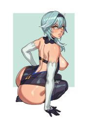 1girls ass back bare_shoulders big_ass big_breasts blue_hair blush breasts collar detached_sleeves eula_(genshin_impact) female female_focus female_only genshin_impact gloves hair_accessory hair_ornament hi_res light-skinned_female light_skin lipstick looking_at_viewer multicolored_eyes nipples orange_eyes partially_clothed rizdraws short_hair sitting solo solo_female source_request thick_thighs thighs uncensored year_request yellow_eyes
