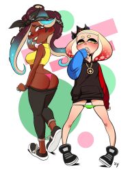 2girls ass bandana black_crown black_hair black_hoodie black_pants blush breasts brown_eyes chain clothing colored_background colored_nails crown dark_skin female female_only green_panties hoodie humanoid inkling iseenudepeople label marina_(octo_expansion) marina_(splatoon) mixed_color_hair nintendo no_pants octoling pale_skin panties pants pants_down pearl_(octo_expansion) pearl_(splatoon) pink_panties shirt shoes splatoon splatoon_(series) splatoon_2 streetwear tight_clothing watermark white_background white_hair yellow_eyes yellow_shirt