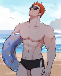 1boy beach black_swimwear floaty freckles hairy_legs kingidol male male_focus male_only marshall_(kingidol) muscular_male original_character red_hair sunglasses