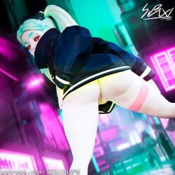 1girls 3d 3d_(artwork) ass blender blender_(software) bottomless casual clothing cybernetics cyberpunk cyberpunk:_edgerunners cyberpunk_2077 female human jacket looking_back naked_jacket outerwear pale_skin presenting_pussy public pussy rebecca_(edgerunners) sebaxnsfm seductive vagina