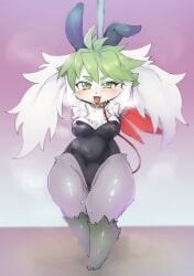 1girls 2019 anthro anthrofied biped blush bodily_fluids breasts breath bunny_costume bunny_ears bunnysuit clothing collar costume female female_only fishnet_pantyhose fishnets generation_4_pokemon green_eyes green_hair hair hands_behind_head hi_res htg92_(artist) kemono leash legendary_pokemon looking_at_viewer navel nintendo open_mouth pantyhose pokémon_(species) pokemon pokemon_(species) pokemorph shaymin short_stack shortstack sky_forme_shaymin smiling smiling_at_viewer solo sweat thick_thighs tights video_games white_body wide_hips