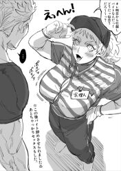 ... 1boy 1girls baseball_cap big_breasts blush cleavage female genderswap_(mtf) gloves hand_on_hip high-angle_view japanese_text kengan_(series) kengan_ashura kure_raian male monochrome name_tag no_bra oerba_yun_fang open_mouth pixiv_id_10482186 ponytail rihito rule_63 smile speech_bubble straining_buttons thick_eyebrows tight_clothing uniform