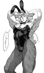 armpits arms_up bara bitch_bara bunny_boy bunny_tail bunnysuit crossdressing detached_collar fake_animal_ears fishnets hands_behind_head highleg_leotard kengan_(series) kengan_ashura looking_at_viewer male male_only monochrome mullet pantyhose pecs pixiv_id_10482186 rihito solo zipper