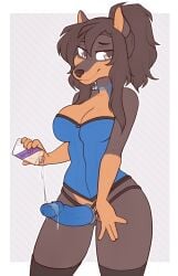 anthro biped blue_clothing blue_corset blue_strap-on border breasts brown_body brown_eyes brown_fur brown_hair brown_nose canid canine canis cleavage clothed clothing corset countershade_face countershade_fur countershade_torso countershading digital_media_(artwork) dildo dobermann domestic_dog female fur hair hi_res humanoid_dildo legwear lingerie long_hair lube_bottle lube_on_dildo mammal outside_border pattern_background pinscher ponytail portrait pouring sex_toy simple_background solo standing strap-on striped_background tan_body tan_countershading tan_fur tan_inner_ear thigh_highs three-quarter_portrait topwear white_border zyira