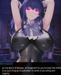 07th_expansion 1girls ai_generated armpits arms_behind_head background big_breasts blue_hair female female_only frederica_bernkastel large_breasts latex looking_at_viewer nai_diffusion nipples_visible_through_clothing pink_eyes purple_hair solo_female stable_diffusion text umineko_no_naku_koro_ni visual_novel