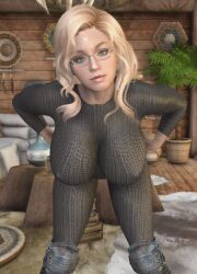 armor big_ass big_breasts bikini_armor blonde_hair blue_eyes bodysuit dommy_mommy elf_orc_lunaire glasses huge_ass huge_breasts large_ass large_breasts rebecca_(original_character) seductive skyrim tagme the_elder_scrolls tight_clothing