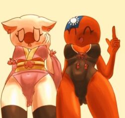 2girls anthro bikini cat_ears cocomooooochi countryhumans countryhumans_girl female female_only japan_(countryhumans) red_body red_skin small_image taiwan_(countryhumans) white_body white_skin