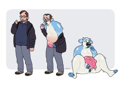 2022 absurd_res anthro beard black_nose blackshirtboy blue_body bodily_fluids bottomwear bovid bovine cattle clothing digital_media_(artwork) eyewear facial_hair female footwear gender_transformation genitals glasses glistening glistening_body growth hi_res hooves horn horn_growth human human_to_anthro jacket lactating lactation male mammal mtf_transformation nose_expansion nude pants pussy sequence shoes simple_background solo species_transformation spread_legs spreading teats topwear transformation udder_growth udders