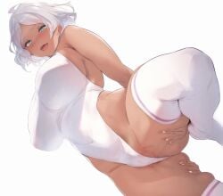 1girls blue_eyes blush cleavage dark-skinned_female dark_skin female_only footwear gundam gundam_suisei_no_majo hourglass_figure huge_breasts kurowa large_breasts looking_at_viewer milf nipples_visible_through_clothing open_mouth secelia_dote short_hair slim_waist solo_focus spread_legs thick_thighs thighhighs thighs uncensored white_hair white_legwear white_nails white_stockings wide_hips