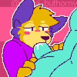 animated anthro blush bodily_fluids canid canine canis clothed clothing coyote digital_media_(artwork) duo erection fellatio fizzyjay fur genitals jay_(fizzyjay) low_res male male/male male_penetrating mammal nude oral penetration penile penis pixel_(artwork) pixel_animation sex short_playtime simple_background solo_focus