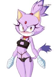 2021 accessory blaze_the_cat blush boundlightning bra cleavage_cutout clothed clothing collar crotch_rope domestic_cat embarrassed felid feline felis forehead_gem hi_res lingerie looking_at_viewer navel panties purple_body sega side-tie_panties simple_background solo sonic_(series) white_background