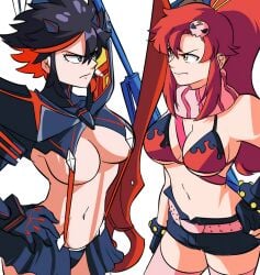 2girls belt bikini_top black_hair blue_eyes breasts crossover female female_only gloves gun highres huge_breasts human kill_la_kill large_breasts long_hair matoi_ryuuko multiple_girls navel on_model red_hair senketsu short_hair short_shorts skirt straight_hair studio_trigger suspenders sword tengen_toppa_gurren_lagann tinafate1 underboob wide_hips yellow_eyes yoko_littner