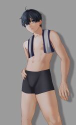 1boy blue_eyes blue_hair blue_lock isagi_yoichi sweat towel_around_neck underwear yaoi