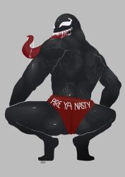 1boy 2019 alien ass ass_focus black_body black_butt bodily_fluids broly_culo butt butt_focus clothed clothing cosme crouching english_text grey_background highres humanoid long_tongue looking_back male male_only marvel meme monster open_mouth open_smile parody red_clothing red_tongue red_underwear saliva sharp_teeth simple_background smile smooth_skin solo spider-man_(series) spread_legs spreading symbiote teeth text text_on_clothing text_on_underwear tongue tongue_out topless underwear underwear_only venom venom_(marvel)